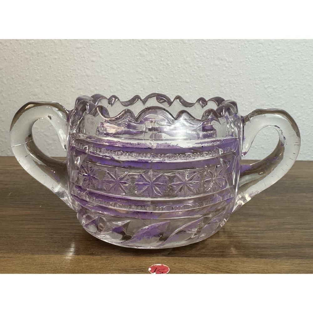 Antique EAPG Pressed Glass Sugar Bowl Double Handle Scalloped Rim
